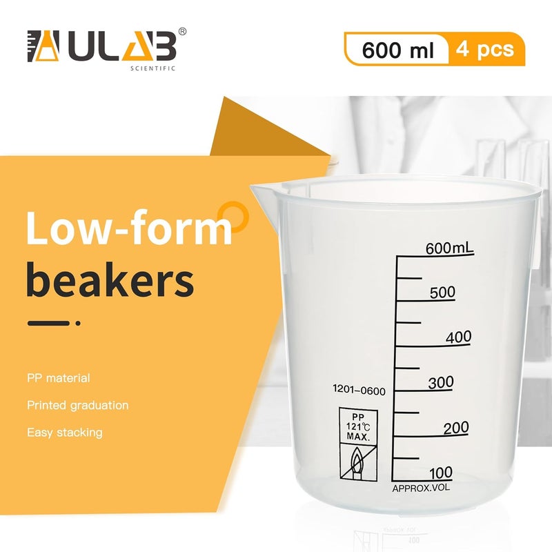 ULAB Scientific Stackable Graduated Plastic Beakers, 4pcs of Vol.600ml(20.29oz), with Easy-to-Read Printings in Black, UBP1026 - Image 2